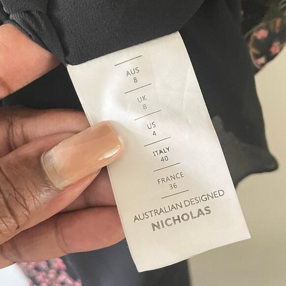 Nicholas Floral Print Silk Midi Dress Womens 4 Black Sleeveless Splits Cocktail - Picture 6 of 12